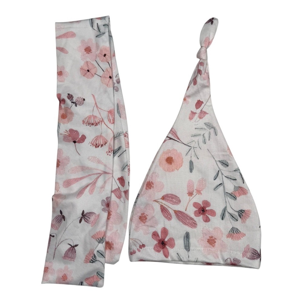 Baby Floral Hat and Headband Set Newborn Infant Girl Pink White Flowers 335